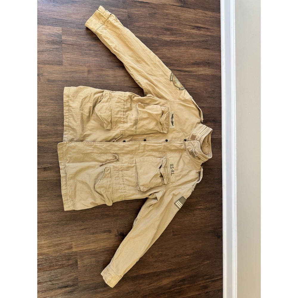 Polo Ralph Lauren Military Field Jacket Tan Khaki Herringbone Twill Patches L - Picture 11 of 16